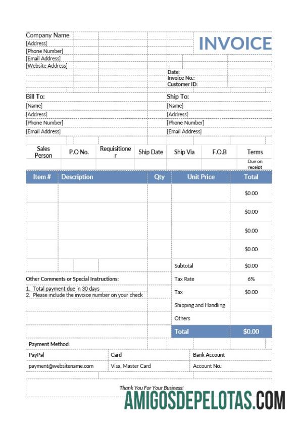 em branco Modelo de fatura de vendas de produtos